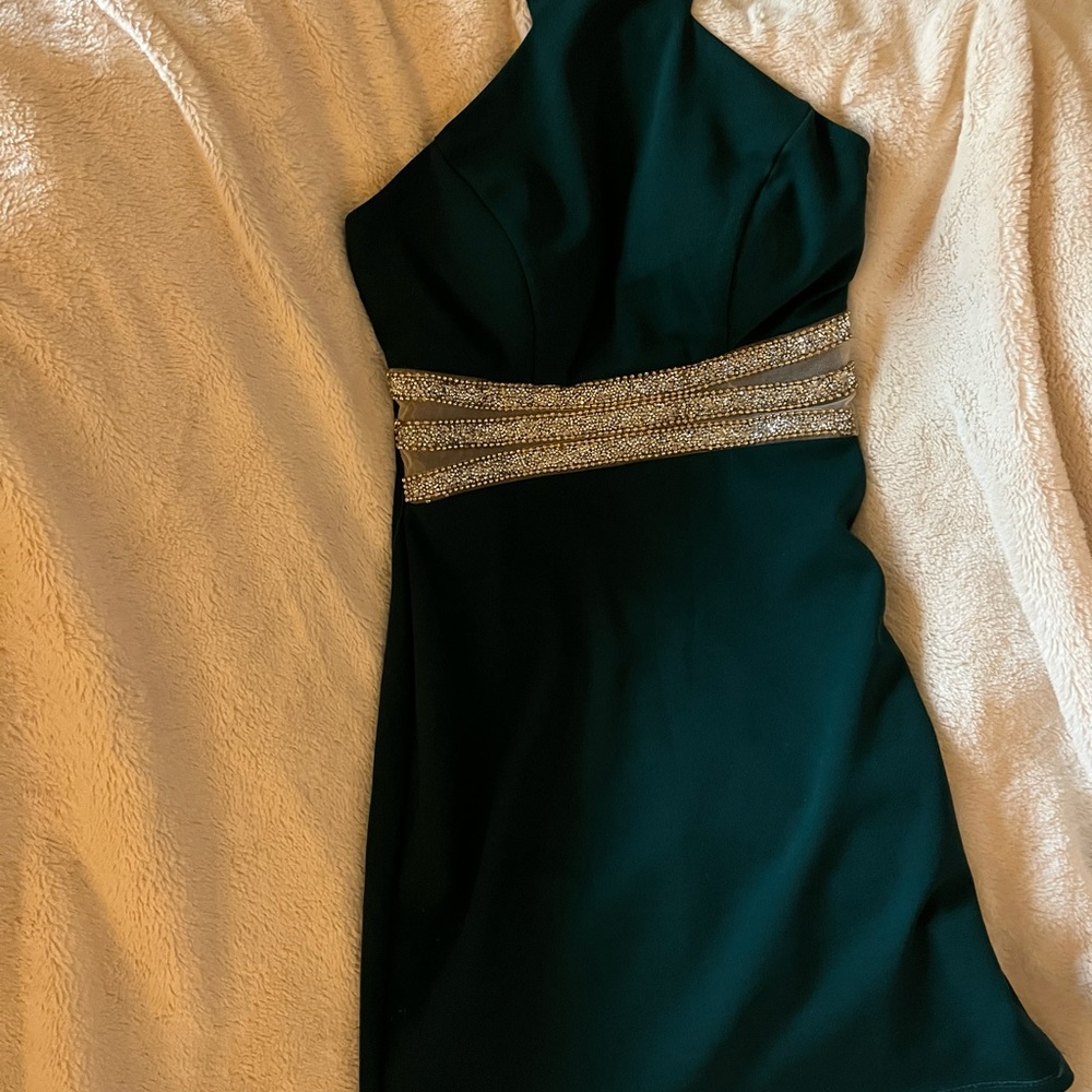 Beautiful dark green cocktail dress with rhinestone embellishments.